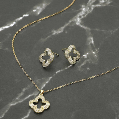 Stainless Steel Stone Pave Open Quatrefoil Pendant Necklace: Gold