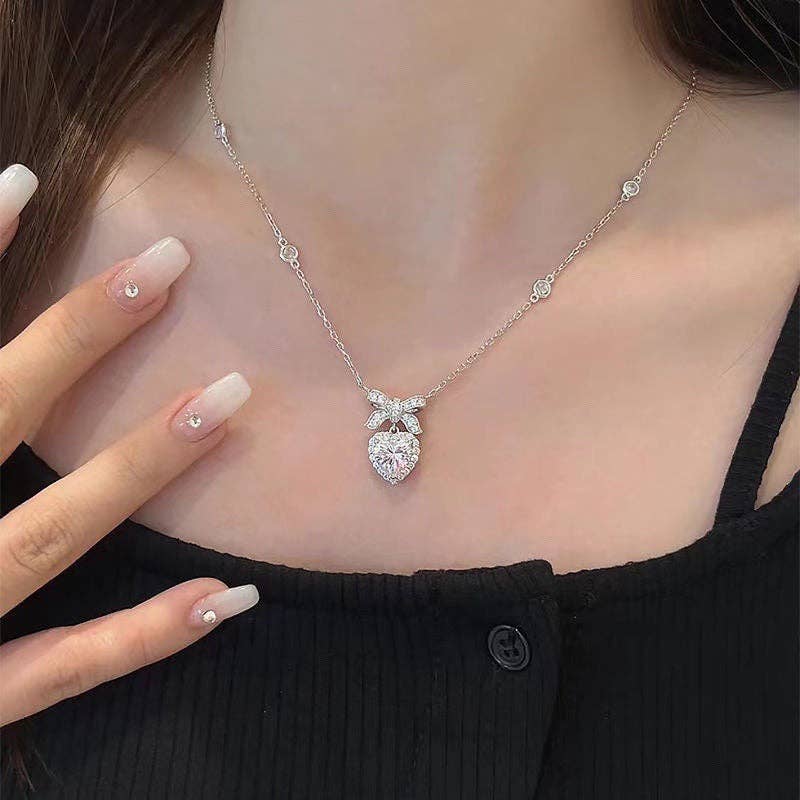 Bow Tie Bowknot Pink Heart Charm Necklace in Solid Copper: White