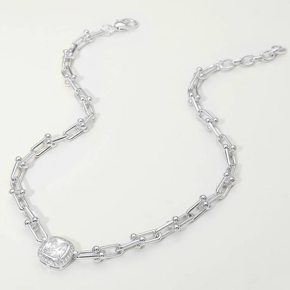 14K Gold Plated Square CZ Stone Accent Industrial Link Chain Necklace: Rhodium