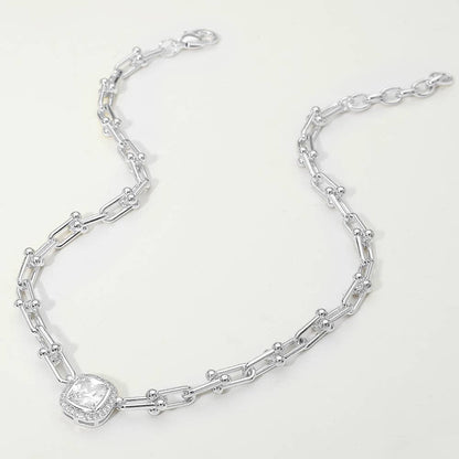 14K Gold Plated Square CZ Stone Accent Industrial Link Chain Necklace: Rhodium