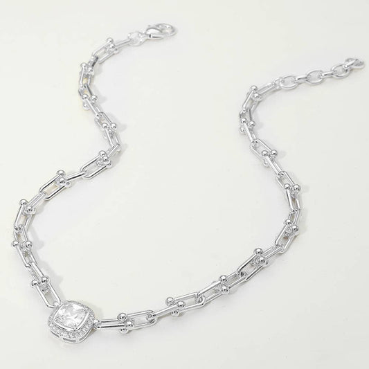 14K Gold Plated Square CZ Stone Accent Industrial Link Chain Necklace: Rhodium