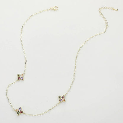 14K Gold Plated Colorful CZ Clover Pendant Chain Necklace