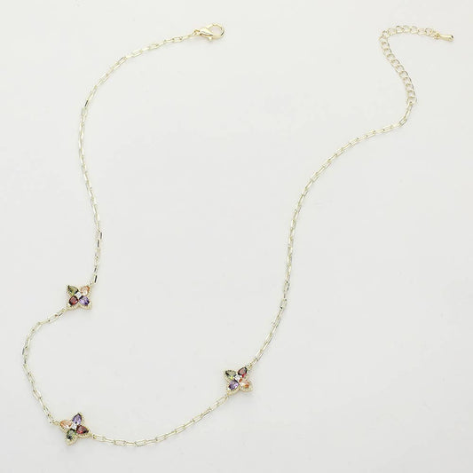 14K Gold Plated Colorful CZ Clover Pendant Chain Necklace