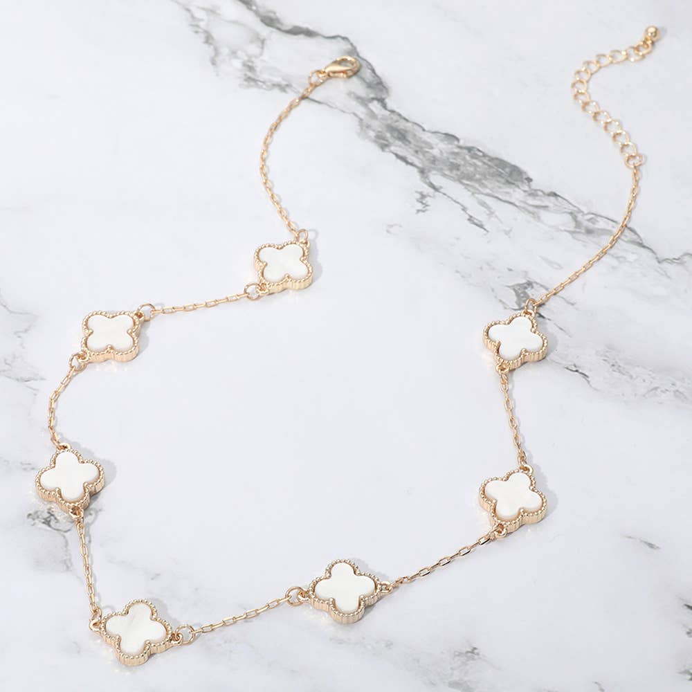 Quatrefoil Stone Station Necklace: Gold White