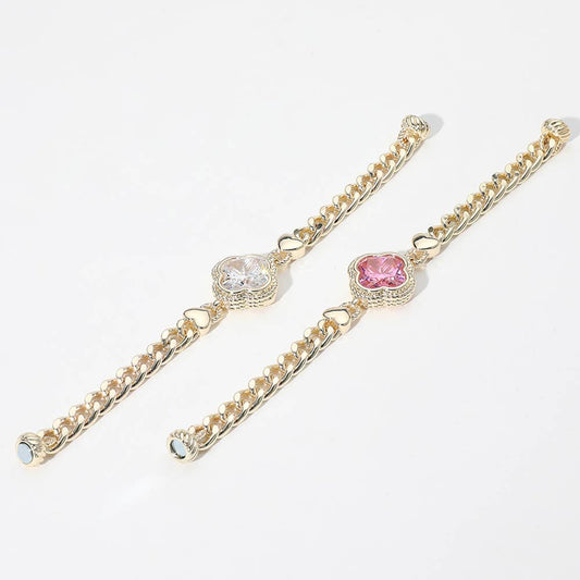 14K Gold Plated CZ Quatrefoil Stone Pointed Magnetic Bracele: Pink