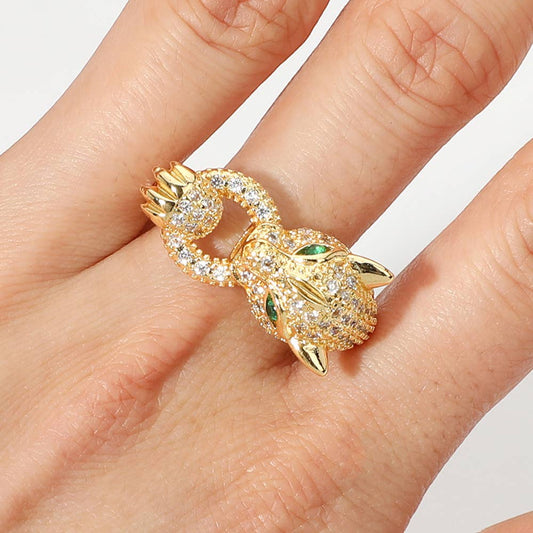 CZ Paved Leopard Adjustable Ring: Yellow Gold