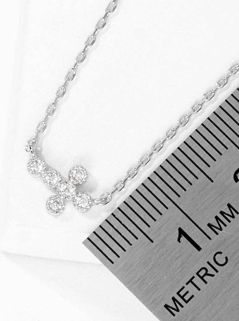 18K Gold Dipped Cz Sideways Dainty Cross Pendant Necklace: Rhodium-Crystal