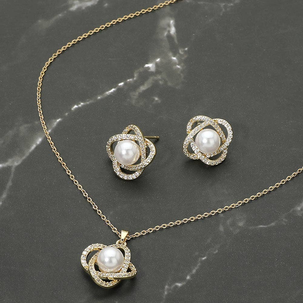 Stainless Steel Pearl Accent Stone Pave Flower Pendant Necklace: Gold