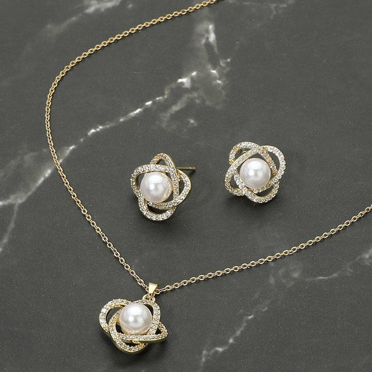 Stainless Steel Pearl Accent Stone Pave Flower Pendant Necklace: Gold
