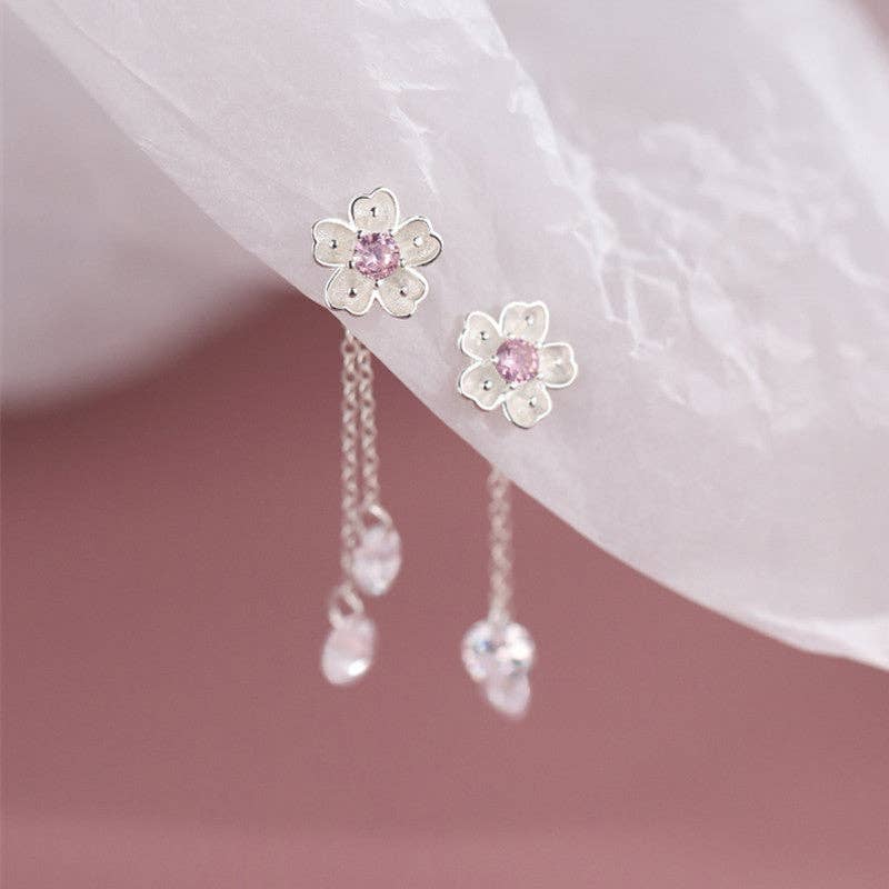 Cherry Blossom Flower Dangle Drop Earrings in Solid Copper