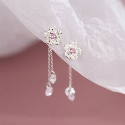 Cherry Blossom Flower Dangle Drop Earrings in Solid Copper