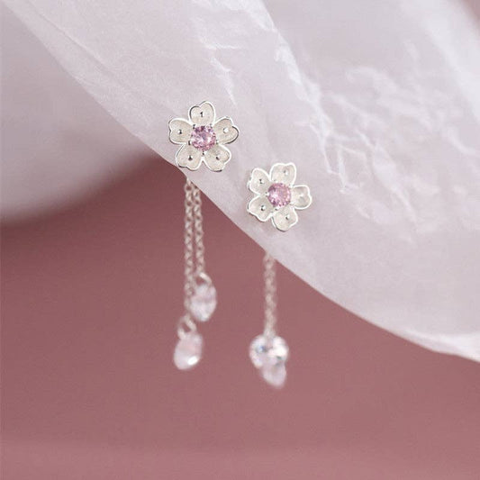 Cherry Blossom Flower Dangle Drop Earrings in Solid Copper
