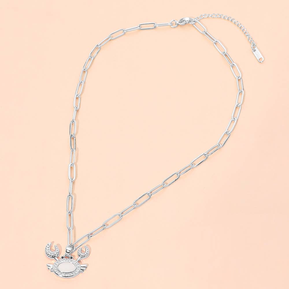 Stainless Steel Mother of Pearl CZ Stone Paved Crab Charm Pendant Paperclip Chain Necklace: Mother of Pearl,Silver
