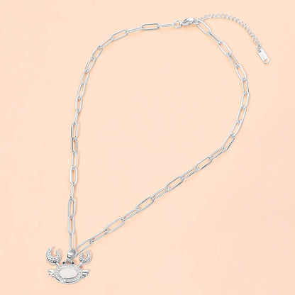 Stainless Steel Mother of Pearl CZ Stone Paved Crab Charm Pendant Paperclip Chain Necklace: Mother of Pearl,Silver