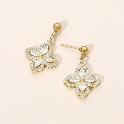 Stainless Steel CZ Flower Charm Dangle Earrings: Gold