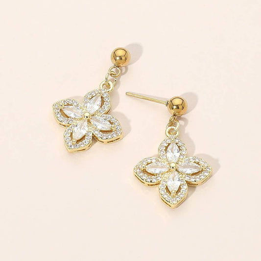 Stainless Steel CZ Flower Charm Dangle Earrings: Gold