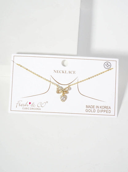 Heart CZ Drop Pave-Set CZ Brow Pendant 18K-Gold-Dipped Brass Necklace: Gold