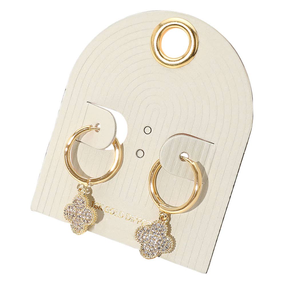18K Gold Dipped Stone Paved Quatrefoil Dangle Hinged Mini Hoop Earrings