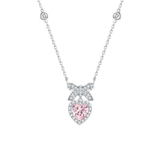Bow Tie Bowknot Pink Heart Charm Necklace in Solid Copper: Pink