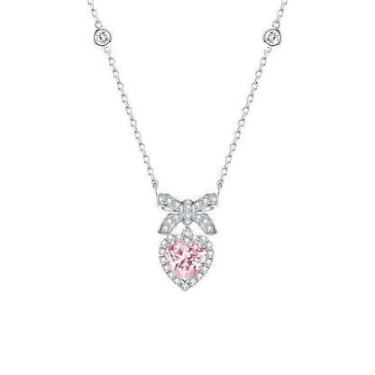 Bow Tie Bowknot Pink Heart Charm Necklace in Solid Copper: White