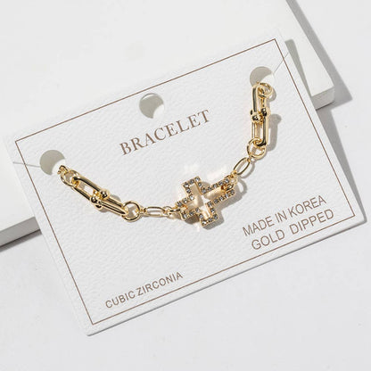 Gold Dipped CZ Pave Open Cross Charm Accent Link Bracelet: Clear,Gold