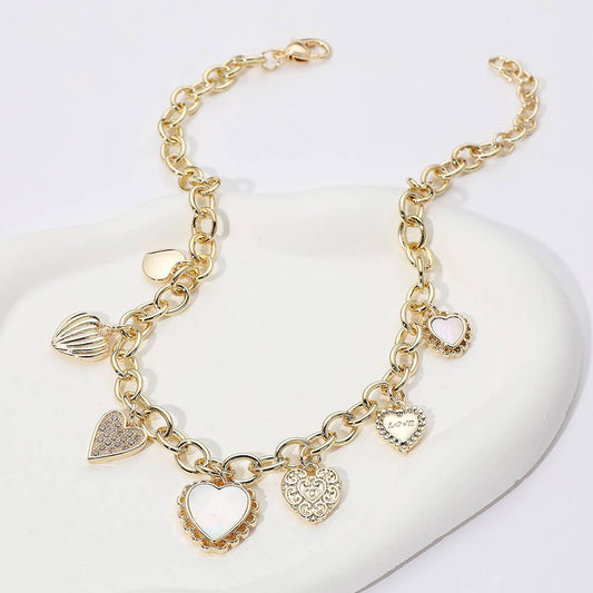 14K Gold Plated CZ Mother of Pearl Heart Charm Necklace: Yellow Gold