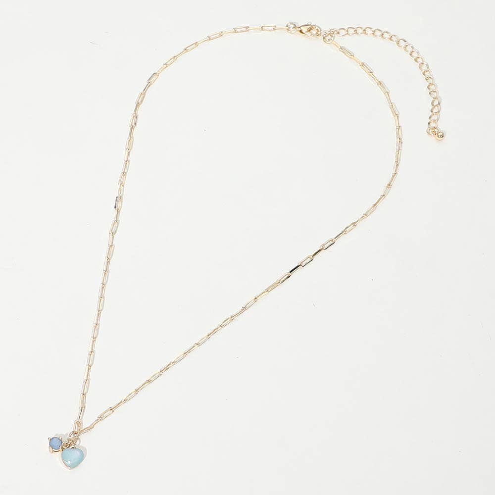 Heart Stone Charm Pendant Paperclip Chain Necklace: Blue,Gold