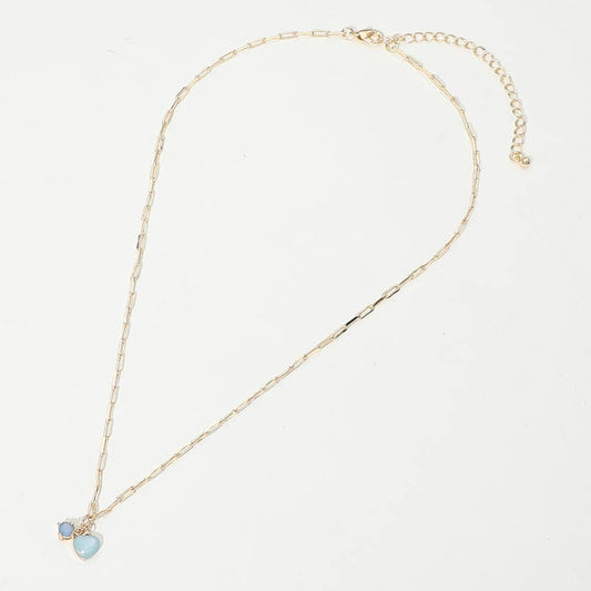 Heart Stone Charm Pendant Paperclip Chain Necklace: Blue,Gold