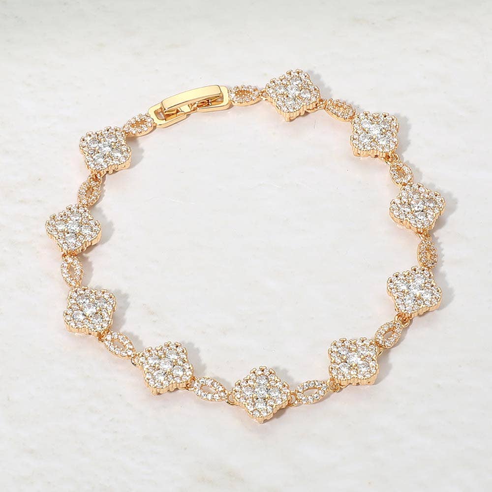 14K Gold Plated CZ Pave Quatrefoil Link Bracelet: Gold
