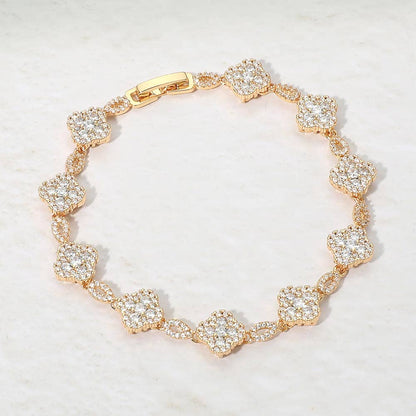 14K Gold Plated CZ Pave Quatrefoil Link Bracelet: Gold