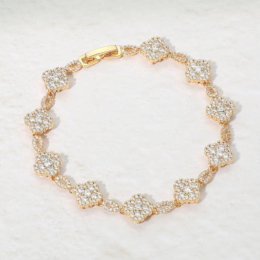14K Gold Plated CZ Pave Quatrefoil Link Bracelet: Gold