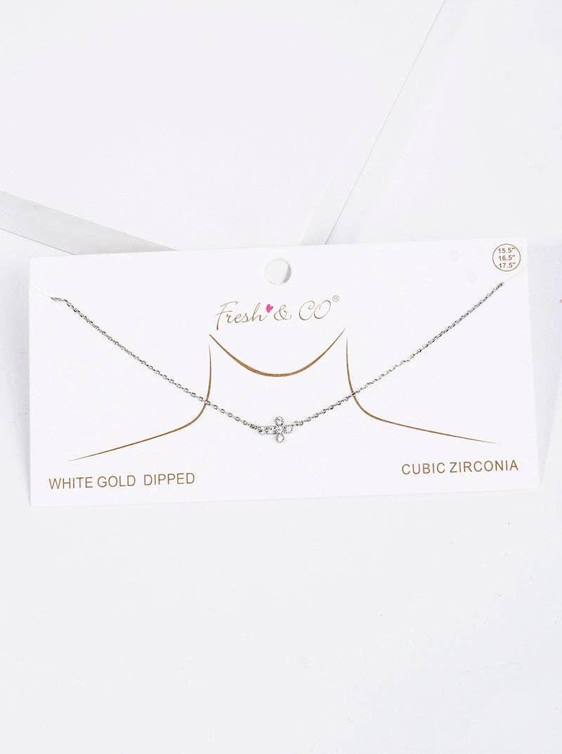 18K Gold Dipped Cz Sideways Dainty Cross Pendant Necklace: Rhodium-Crystal