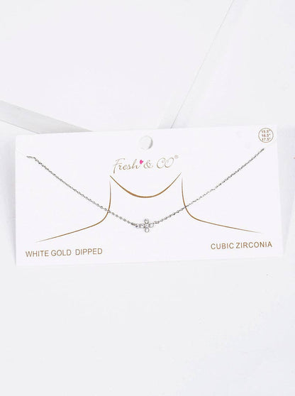 18K Gold Dipped Cz Sideways Dainty Cross Pendant Necklace: Rhodium-Crystal