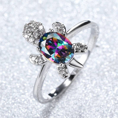 Colored Stone Sea Turtle Statement Ring in Solid Copper: 9 US / Rainbow