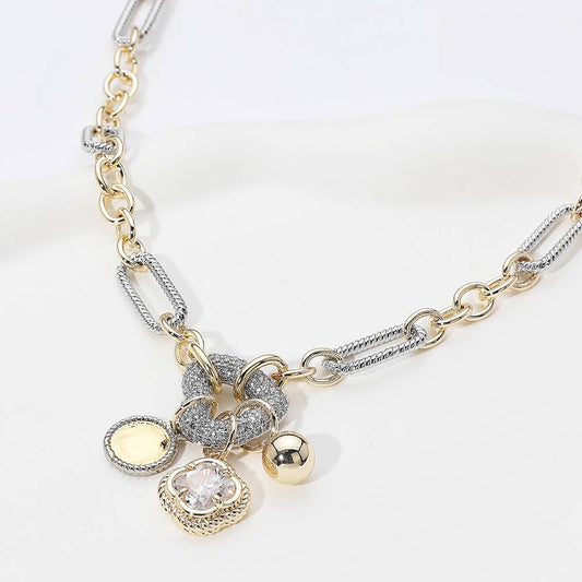 2 Tone 14K Gold Plated CZ Heart Quatrefoil Pendant Necklace