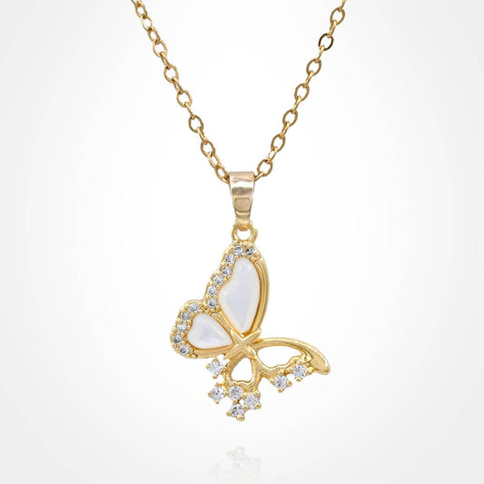 Stainless Steel CZ Stone Accent Mother of Pearl Butterfly Pendant Necklace: Gold,Mother of Pearl