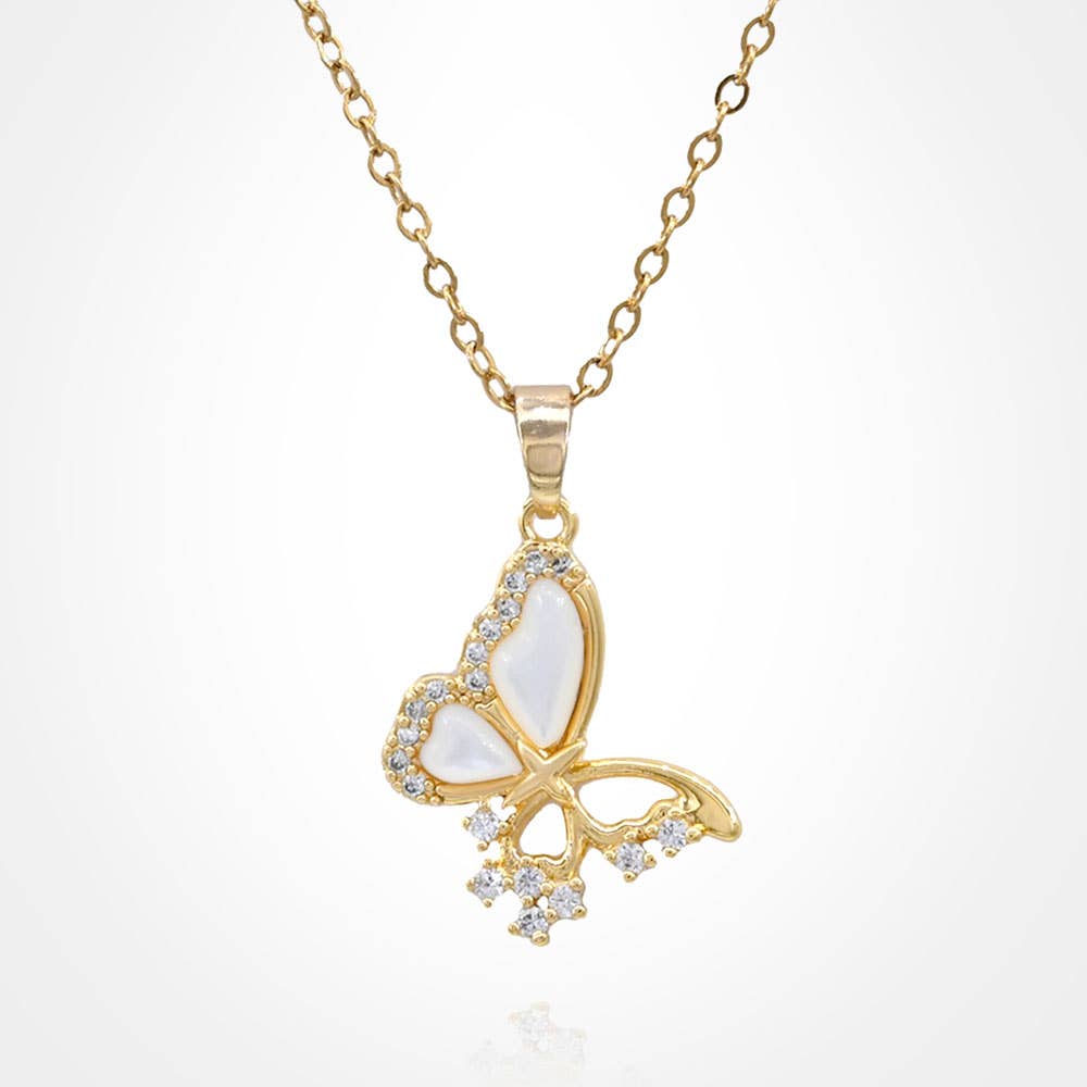 Stainless Steel CZ Stone Accent Mother of Pearl Butterfly Pendant Necklace: Gold,Mother of Pearl