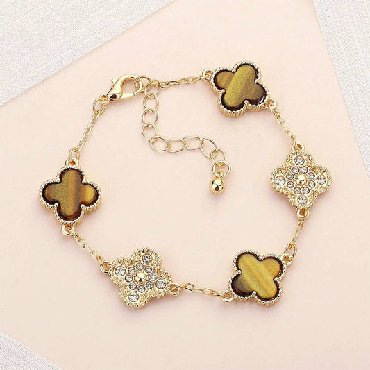Stone Paved Natural Stone Quatrefoil Link Bracelet: Brown