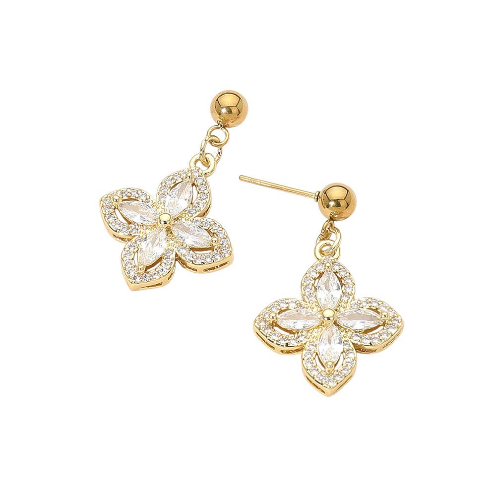 Stainless Steel CZ Flower Charm Dangle Earrings: Gold