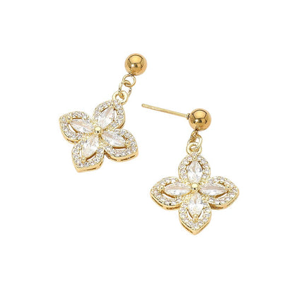 Stainless Steel CZ Flower Charm Dangle Earrings: Gold