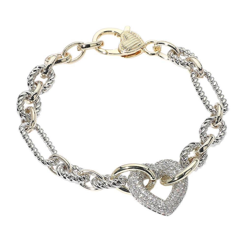 14K Gold Plated CZ Stone Paved Heart Link Two Tone Chain Bra