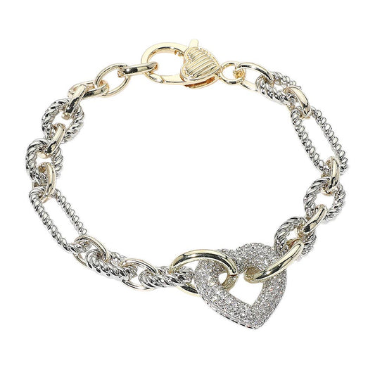 14K Gold Plated CZ Stone Paved Heart Link Two Tone Chain Bra