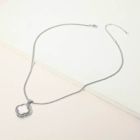 14K Gold Plated CZ Pave Rim Quatrefoil Pendant Necklace: Mother of Pearl