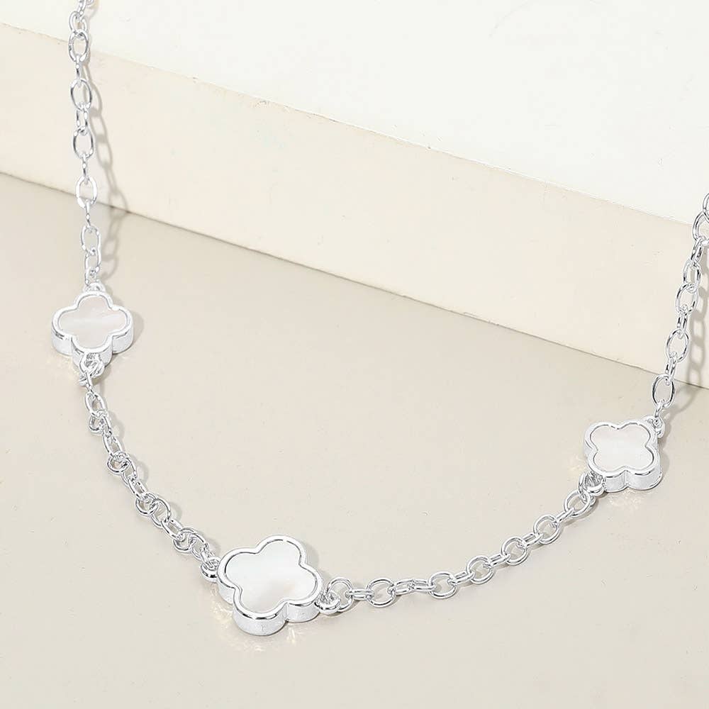 14K Gold Plated Mother of Pearl Quatrefoil Motif Station Necklace: Mother of Pearl,Rhodium