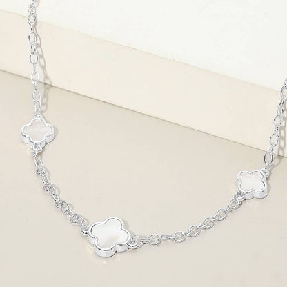 14K Gold Plated Mother of Pearl Quatrefoil Motif Station Necklace: Mother of Pearl,Rhodium