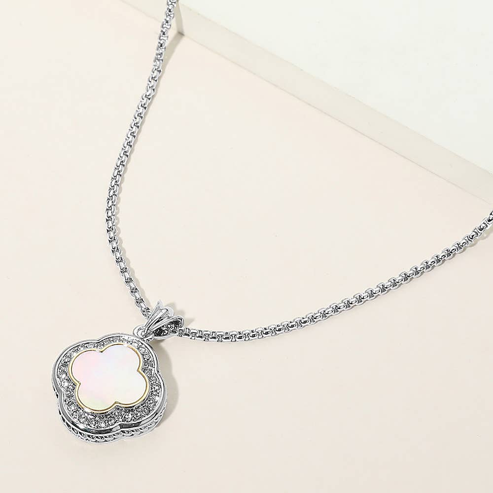 14K Gold Plated CZ Pave Rim Quatrefoil Pendant Necklace: Mother of Pearl