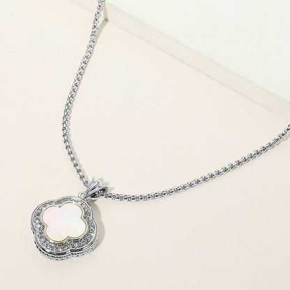 14K Gold Plated CZ Pave Rim Quatrefoil Pendant Necklace: Mother of Pearl