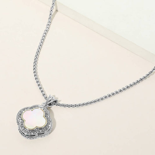 14K Gold Plated CZ Pave Rim Quatrefoil Pendant Necklace: Mother of Pearl