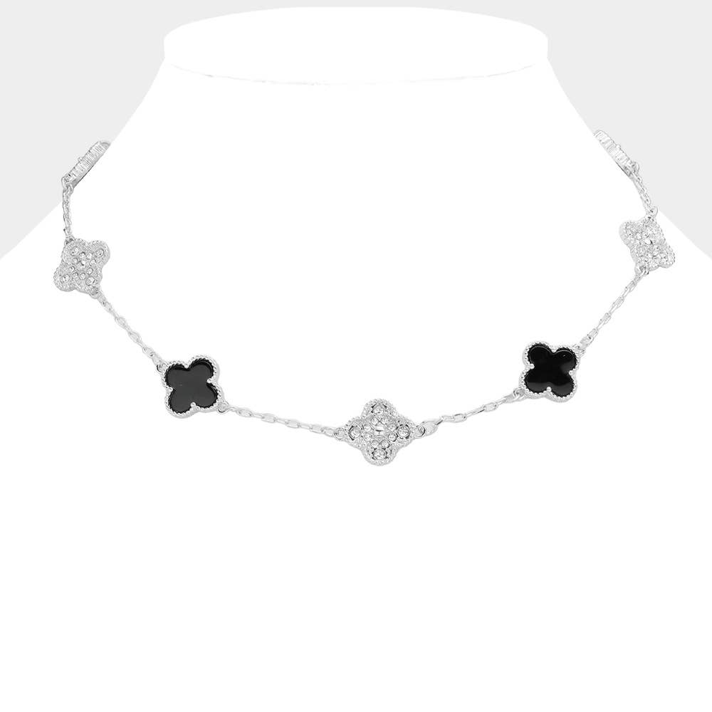 Stone Paved Natural Stone Quatrefoil Station Necklace: Silver Black