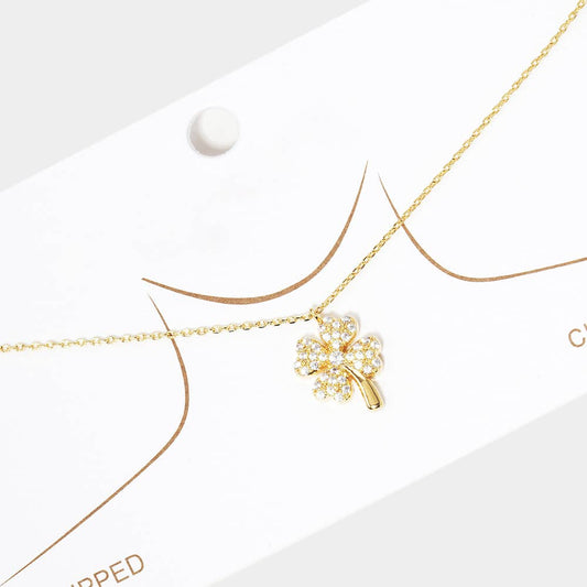 Gold Dipped Rhinestone Embellished Clover Pendant Necklace: Gold